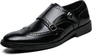 Single Season Oxford Shoes for Men Slip On Double Monk Strap Brogue Embossed Wing tip Faux Leather Block Heel Anti-Slip Rubber Sole Low Top Casual Very Popular Among Young People (Color Black