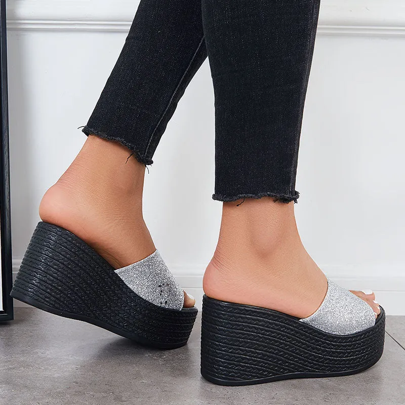 Sohiwoo  Women Glitter Platform Wedge Slides Slip on Open Toe Backless Shiny Sandals