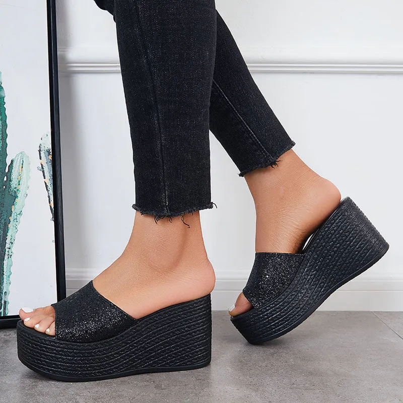 Sohiwoo  Women Glitter Platform Wedge Slides Slip on Open Toe Backless Shiny Sandals