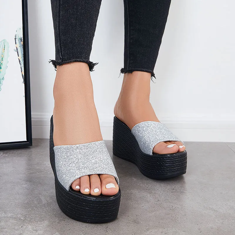Sohiwoo  Women Glitter Platform Wedge Slides Slip on Open Toe Backless Shiny Sandals