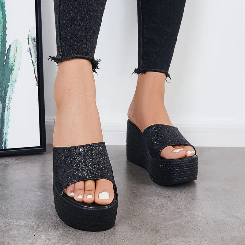 Sohiwoo  Women Glitter Platform Wedge Slides Slip on Open Toe Backless Shiny Sandals