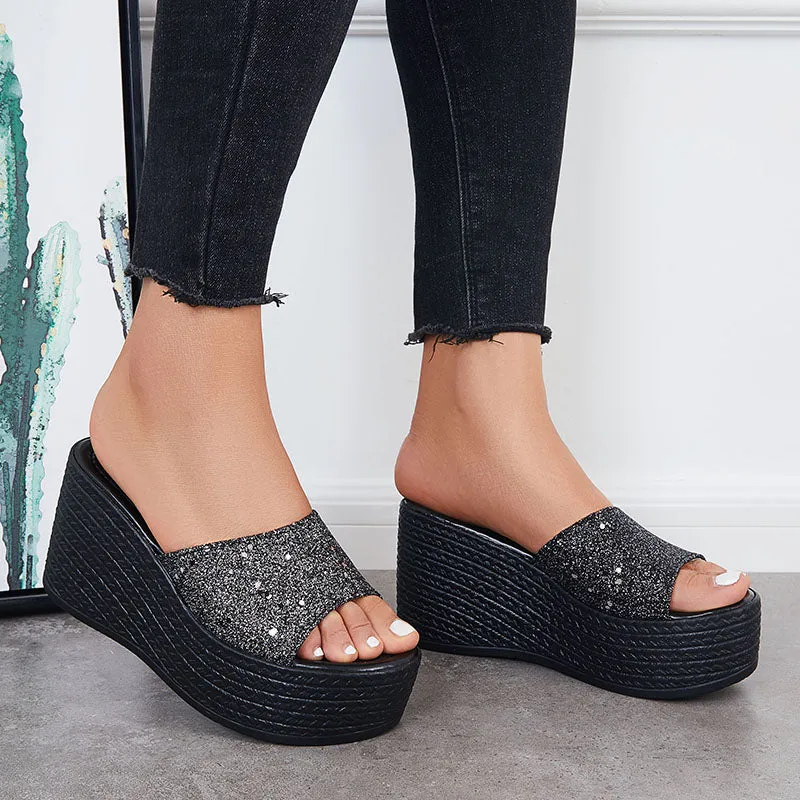 Sohiwoo  Women Glitter Platform Wedge Slides Slip on Open Toe Backless Shiny Sandals