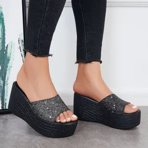 Sohiwoo  Women Glitter Platform Wedge Slides Slip on Open Toe Backless Shiny Sandals