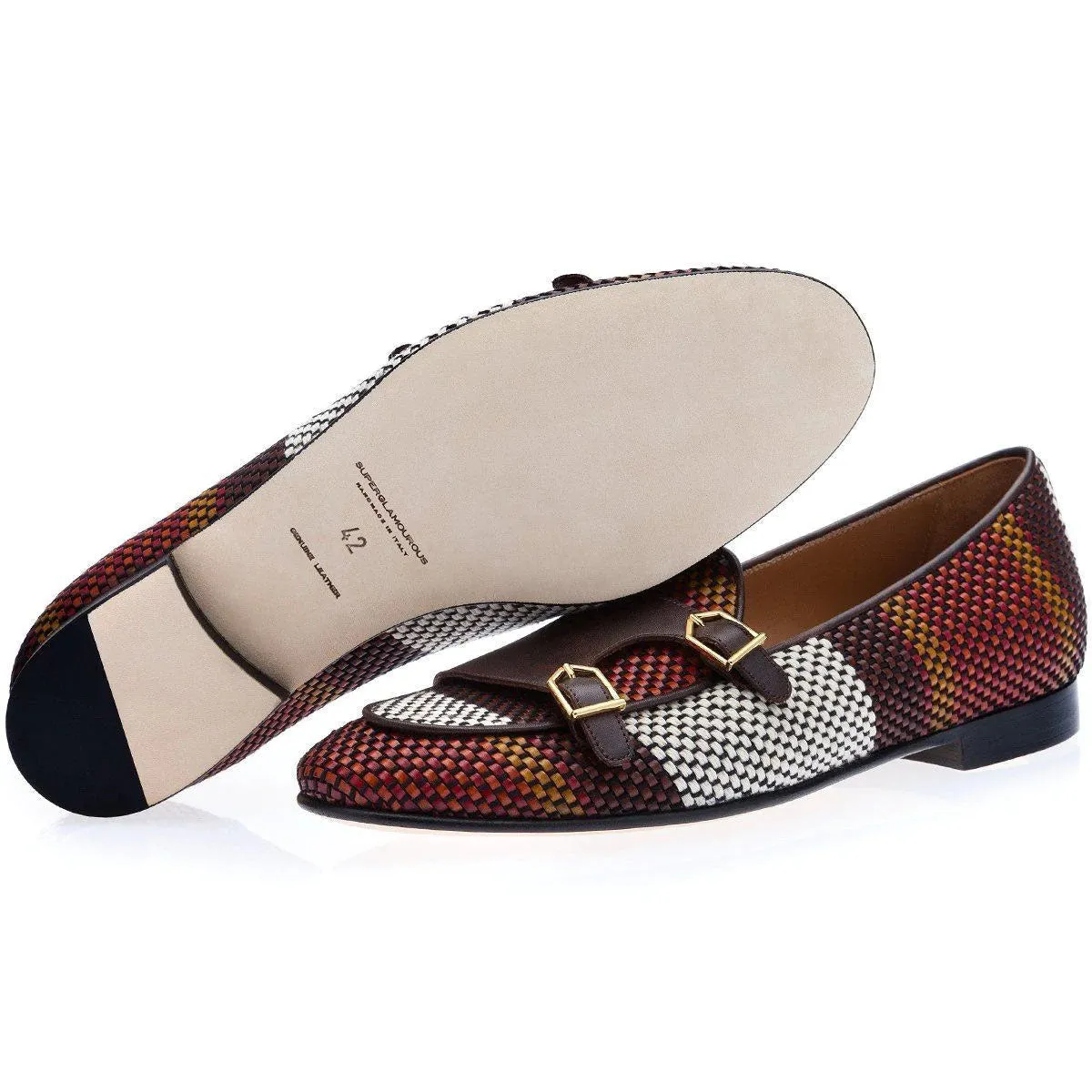 SUPERGLAMOUROUS Tangerine 7 Tetris Men's Shoes Multi-Color Hand-Loomed Leather Monk-Straps Belgian Loafers (SPGM1044)