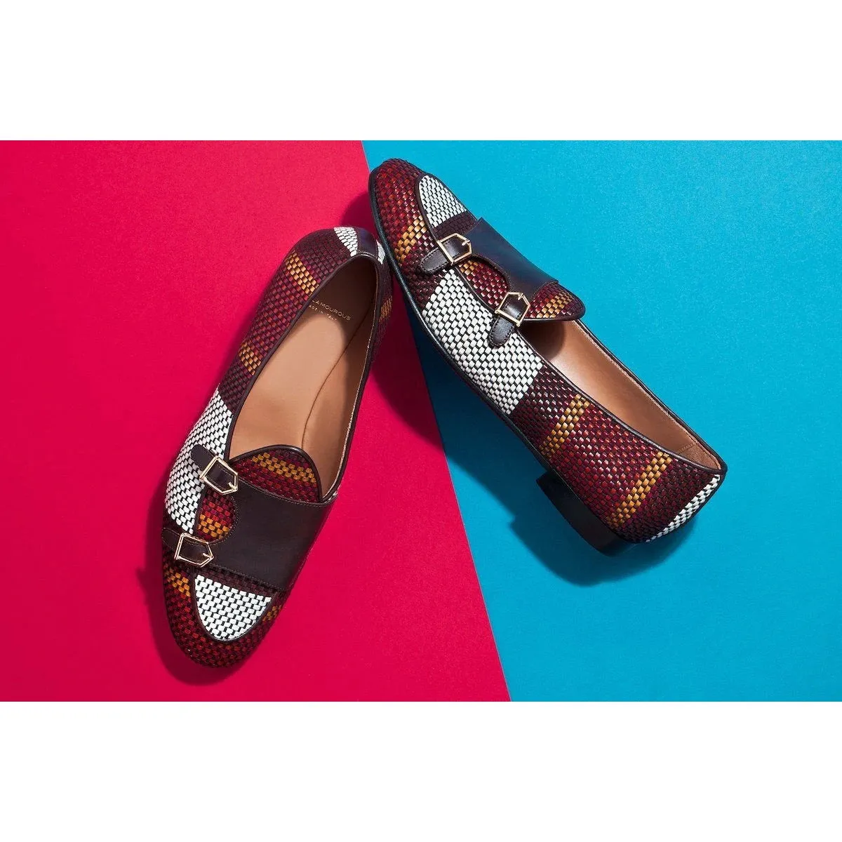 SUPERGLAMOUROUS Tangerine 7 Tetris Men's Shoes Multi-Color Hand-Loomed Leather Monk-Straps Belgian Loafers (SPGM1044)