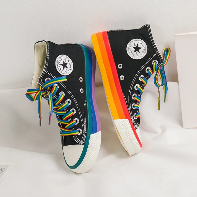 SWYIVY Rainbow Bottom Casual Shoes Woman High Top Sneakers Cavans 2020 Spring Female Casual Shoes White Canvas Sneakers Oman