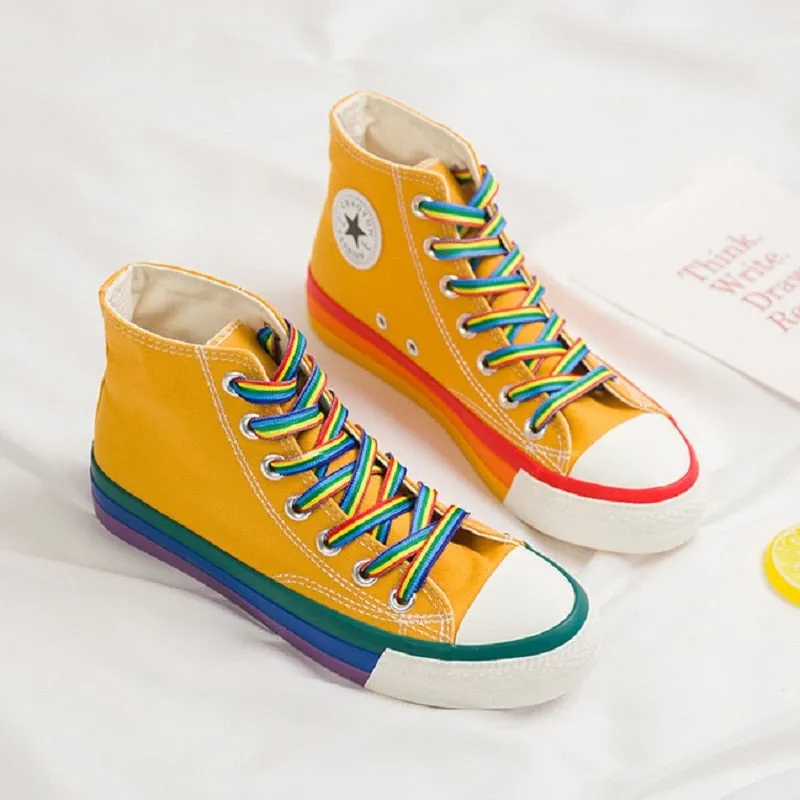SWYIVY Rainbow Bottom Casual Shoes Woman High Top Sneakers Cavans 2020 Spring Female Casual Shoes White Canvas Sneakers Oman