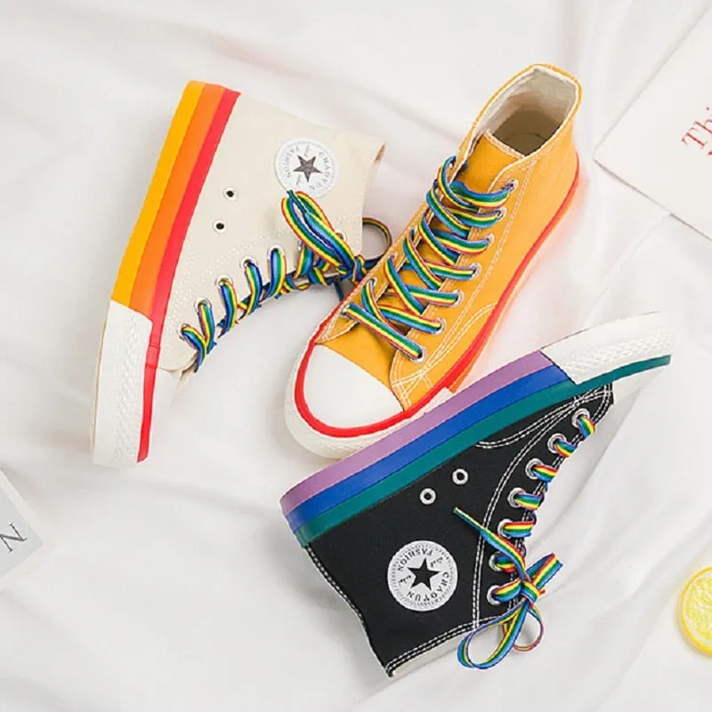 SWYIVY Rainbow Bottom Casual Shoes Woman High Top Sneakers Cavans 2020 Spring Female Casual Shoes White Canvas Sneakers Oman