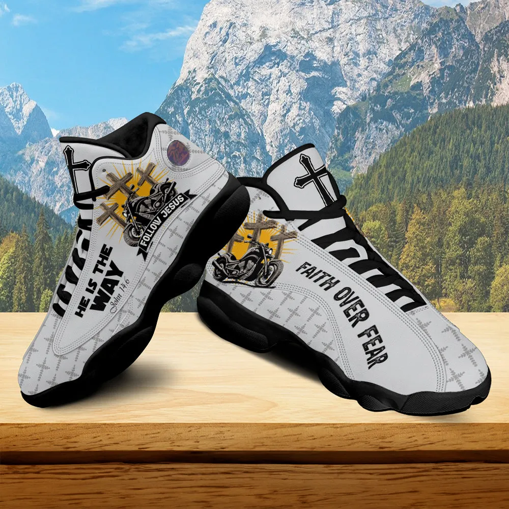 Teesdily | Follow Jesus He Is The Way Basketball Shoes, Motorcycle Faith Over Fear Christian Running Shoes, Jesus Cross Men Gift