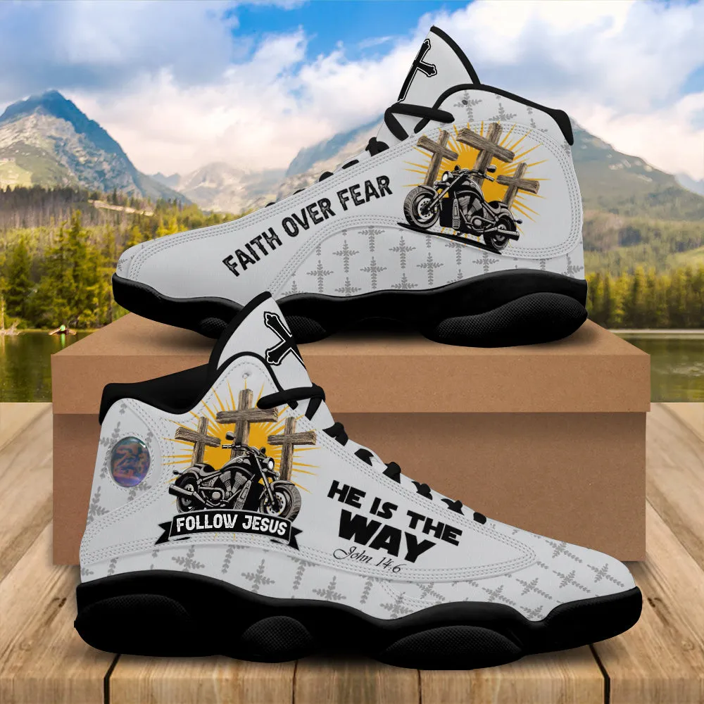 Teesdily | Follow Jesus He Is The Way Basketball Shoes, Motorcycle Faith Over Fear Christian Running Shoes, Jesus Cross Men Gift