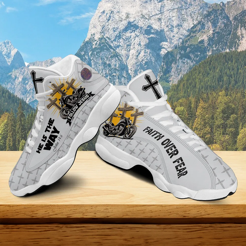 Teesdily | Follow Jesus He Is The Way Basketball Shoes, Motorcycle Faith Over Fear Christian Running Shoes, Jesus Cross Men Gift