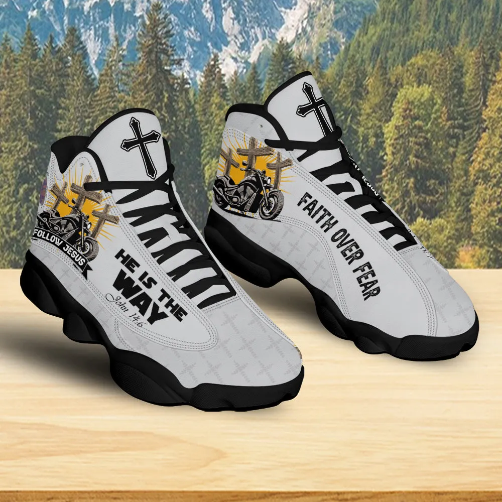 Teesdily | Follow Jesus He Is The Way Basketball Shoes, Motorcycle Faith Over Fear Christian Running Shoes, Jesus Cross Men Gift