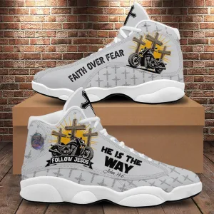 Teesdily | Follow Jesus He Is The Way Basketball Shoes, Motorcycle Faith Over Fear Christian Running Shoes, Jesus Cross Men Gift