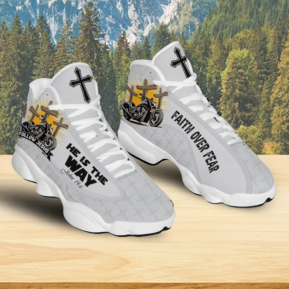 Teesdily | Follow Jesus He Is The Way Basketball Shoes, Motorcycle Faith Over Fear Christian Running Shoes, Jesus Cross Men Gift