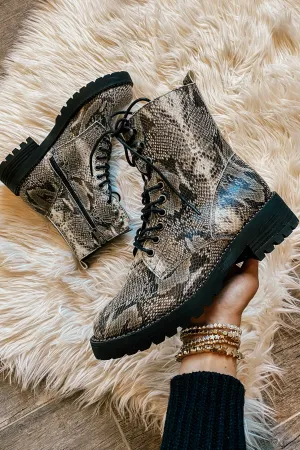 The Conquest Snakeskin Combat Boots
