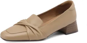 TinaCus Genuine Leather Women's Pointed Toe Handmade Low Chunky Heels Casual Loafers Shoes