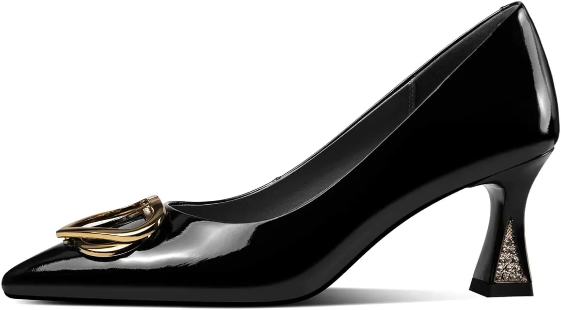 TinaCus Glossy Patent Leather Women's Handmade Spool Heel Pointed Toe Pumps with Metal Heart