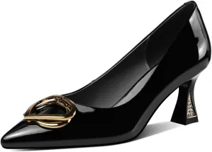 TinaCus Glossy Patent Leather Women's Handmade Spool Heel Pointed Toe Pumps with Metal Heart