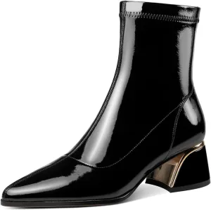 TinaCus Women's Glossy Patent Leather Handmade Chunky Heel Stretch Side Zip Up Ankle Boots