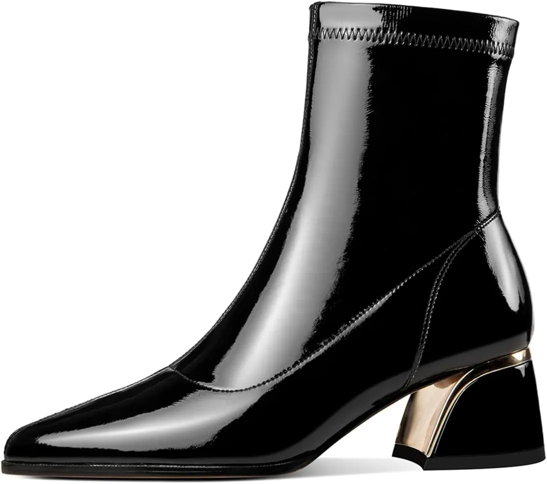 TinaCus Women's Glossy Patent Leather Handmade Chunky Heel Stretch Side Zip Up Ankle Boots