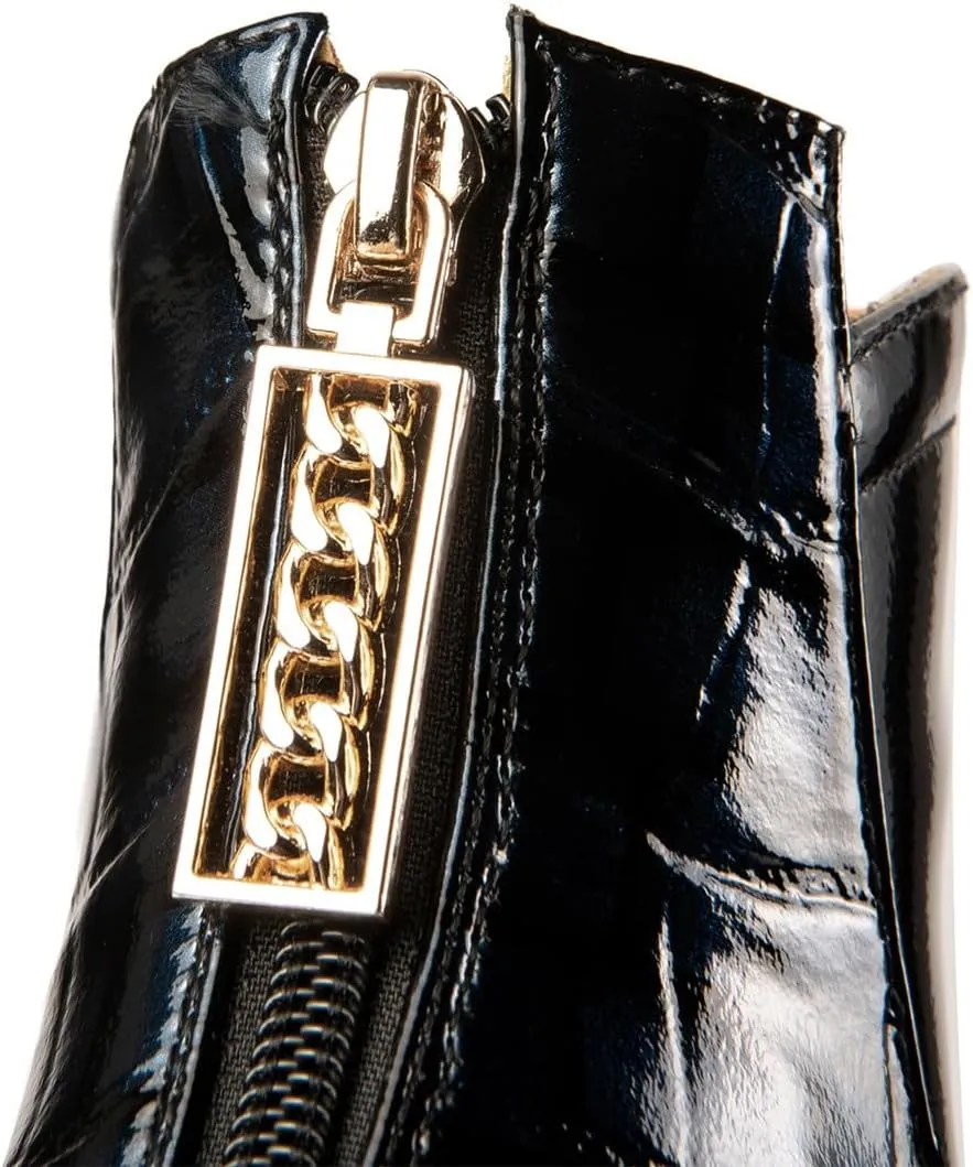 TinaCus Women's Pointed Toe Glossy Patent Leather Handmade Chunky Heels Zip Up Ankle Boots