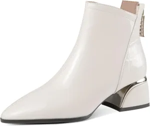 TinaCus Women's Pointed Toe Glossy Patent Leather Handmade Chunky Heels Zip Up Ankle Boots