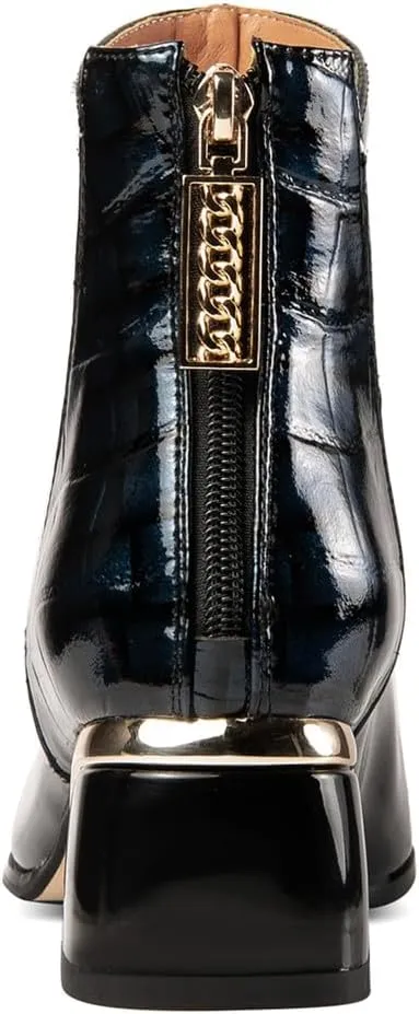 TinaCus Women's Pointed Toe Glossy Patent Leather Handmade Chunky Heels Zip Up Ankle Boots