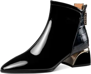 TinaCus Women's Pointed Toe Glossy Patent Leather Handmade Chunky Heels Zip Up Ankle Boots