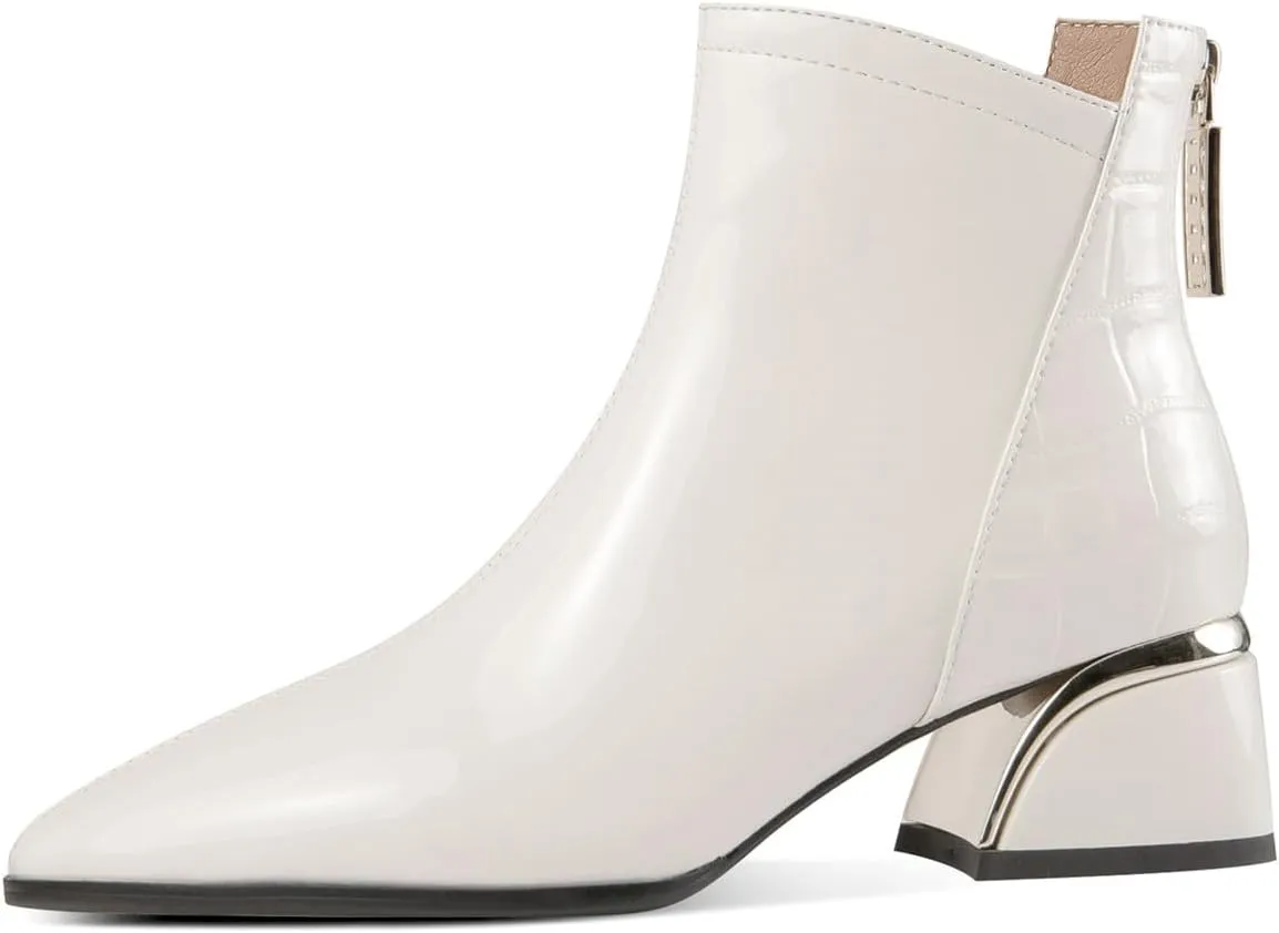 TinaCus Women's Pointed Toe Glossy Patent Leather Handmade Chunky Heels Zip Up Ankle Boots