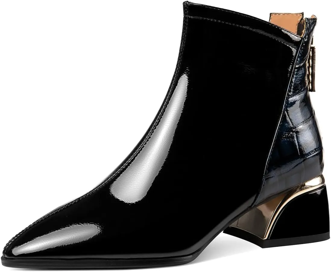 TinaCus Women's Pointed Toe Glossy Patent Leather Handmade Chunky Heels Zip Up Ankle Boots