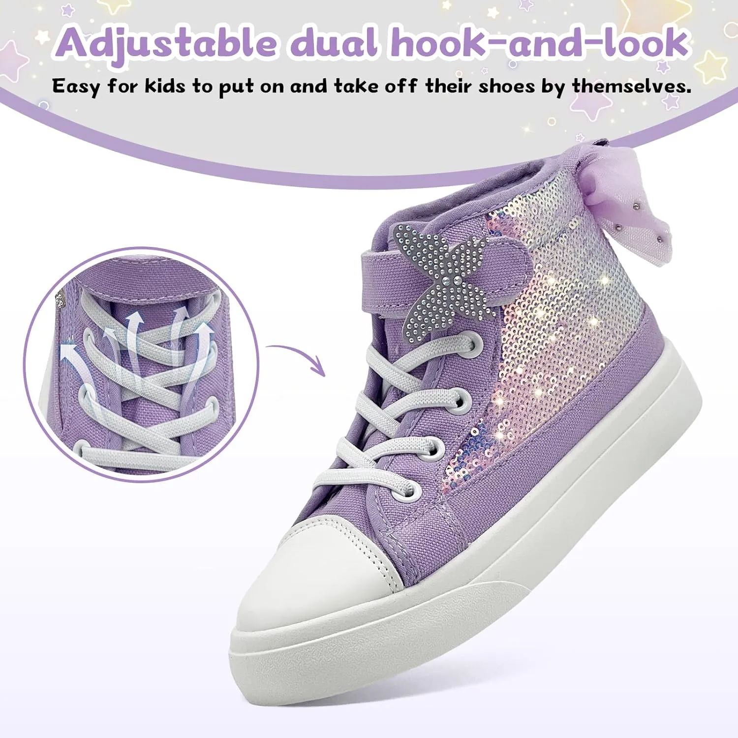 Toddler Sneakers for Girls Boys Canvas High Top Kids Fashion Sparkle Sequins Bow Shoes Running Walking Casual Shoes