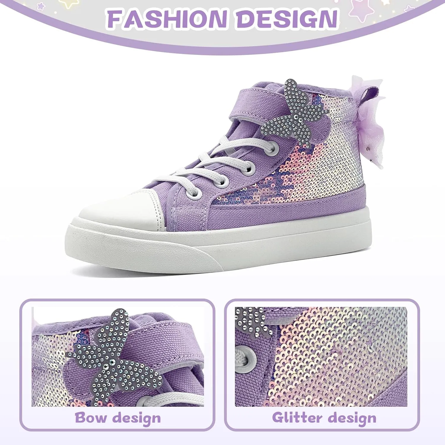 Toddler Sneakers for Girls Boys Canvas High Top Kids Fashion Sparkle Sequins Bow Shoes Running Walking Casual Shoes