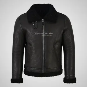 UMEA Men's Black Sheepskin Flying Jacket B3 Curly Fur Shearling Jacket