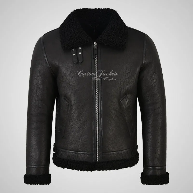 UMEA Men's Black Sheepskin Flying Jacket B3 Curly Fur Shearling Jacket