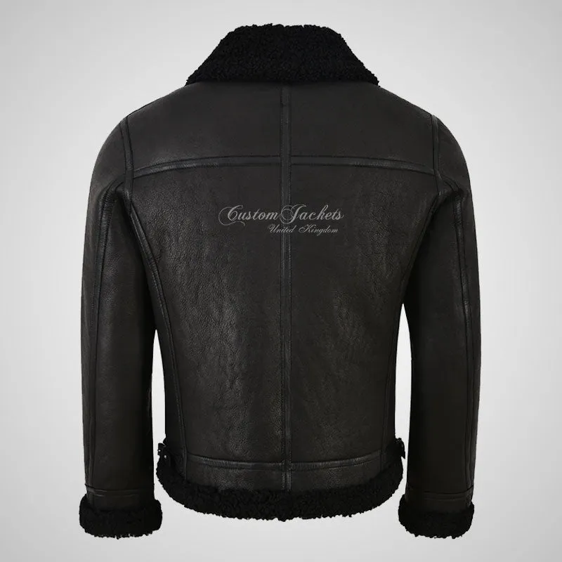 UMEA Men's Black Sheepskin Flying Jacket B3 Curly Fur Shearling Jacket