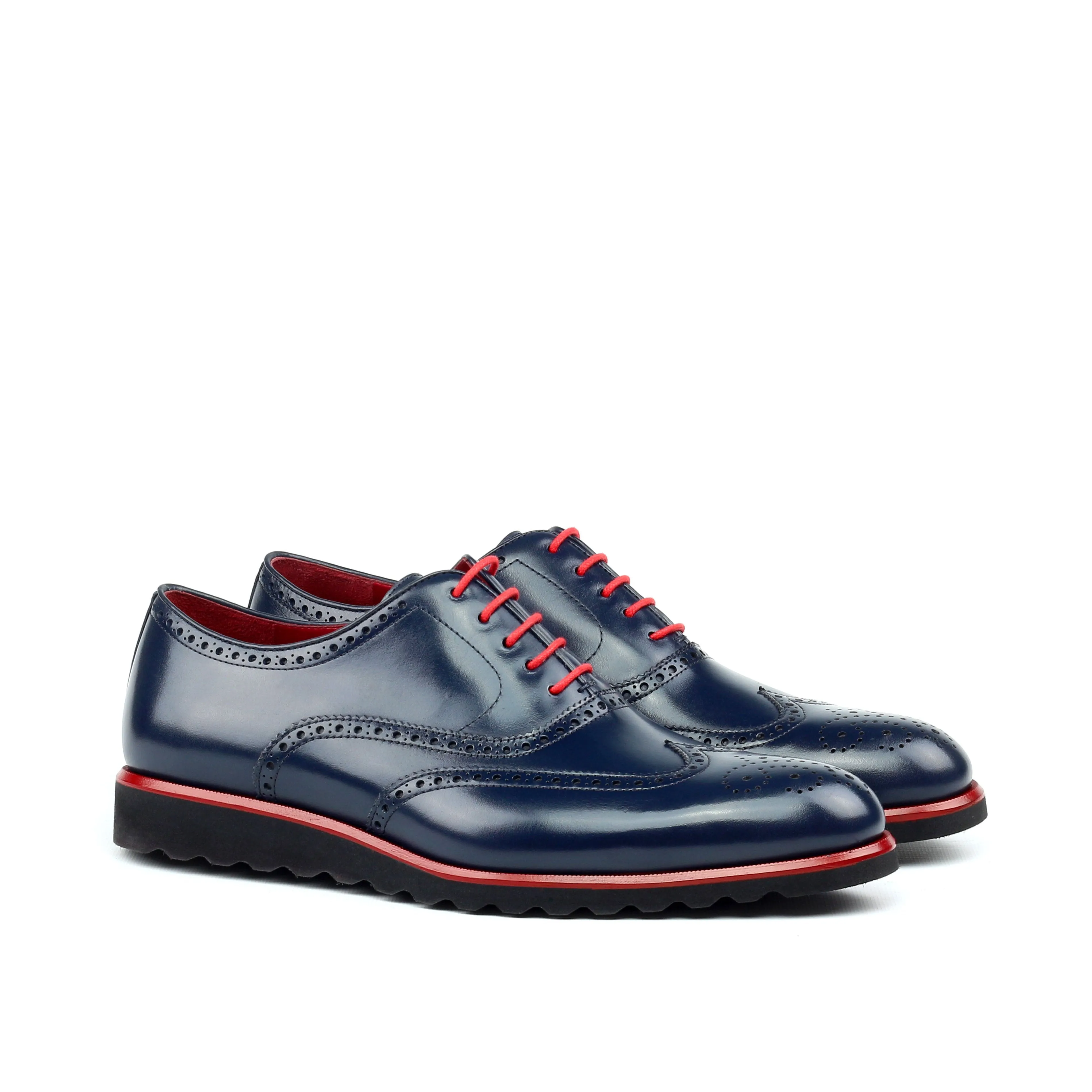 Unique Handcrafted Pebble Grain Navy Wingtip Oxford w/ Full Brogue Wedge Sole