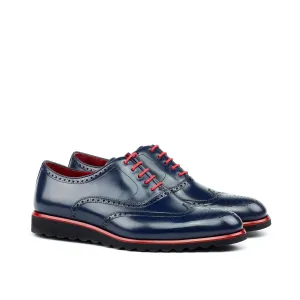 Unique Handcrafted Pebble Grain Navy Wingtip Oxford w/ Full Brogue Wedge Sole