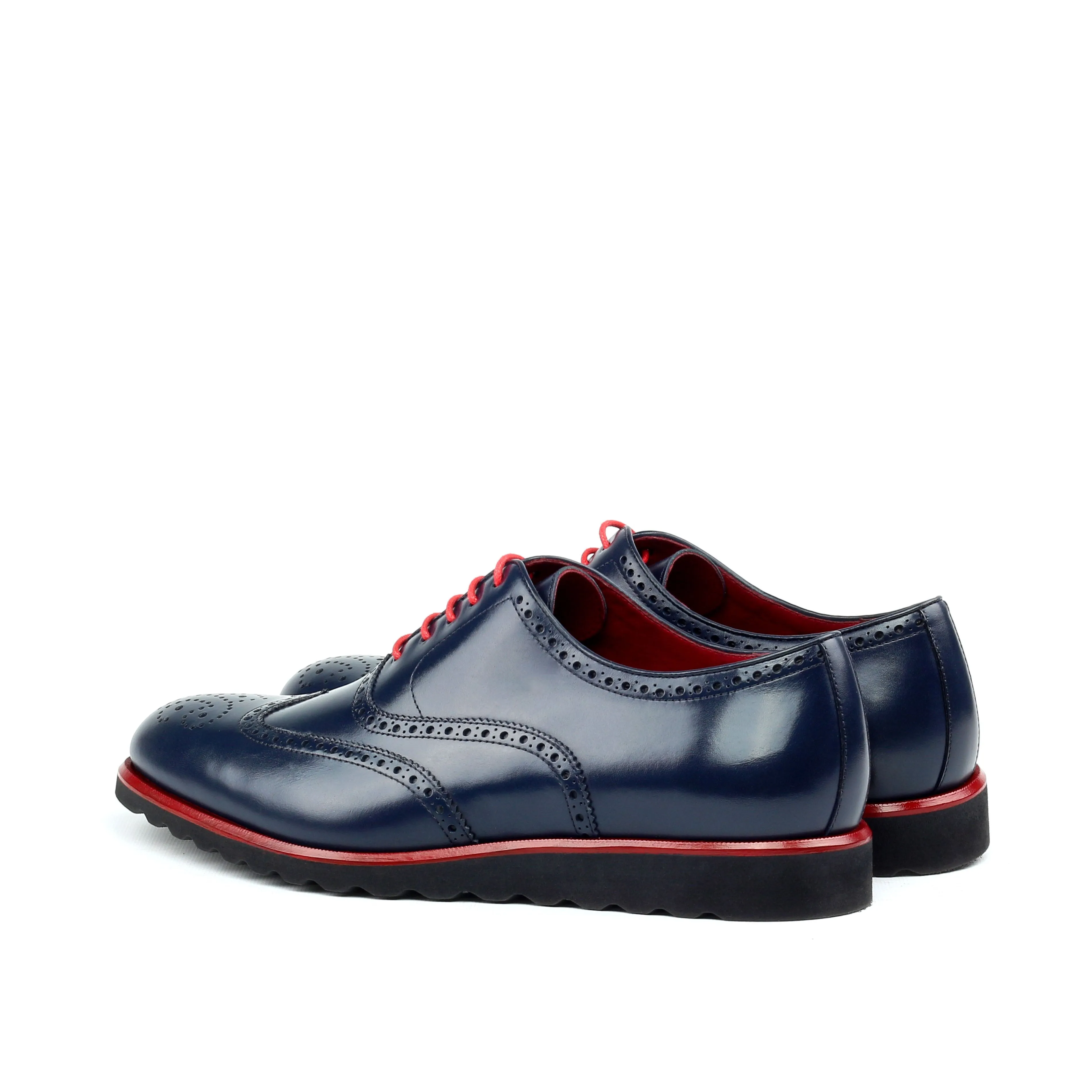 Unique Handcrafted Pebble Grain Navy Wingtip Oxford w/ Full Brogue Wedge Sole