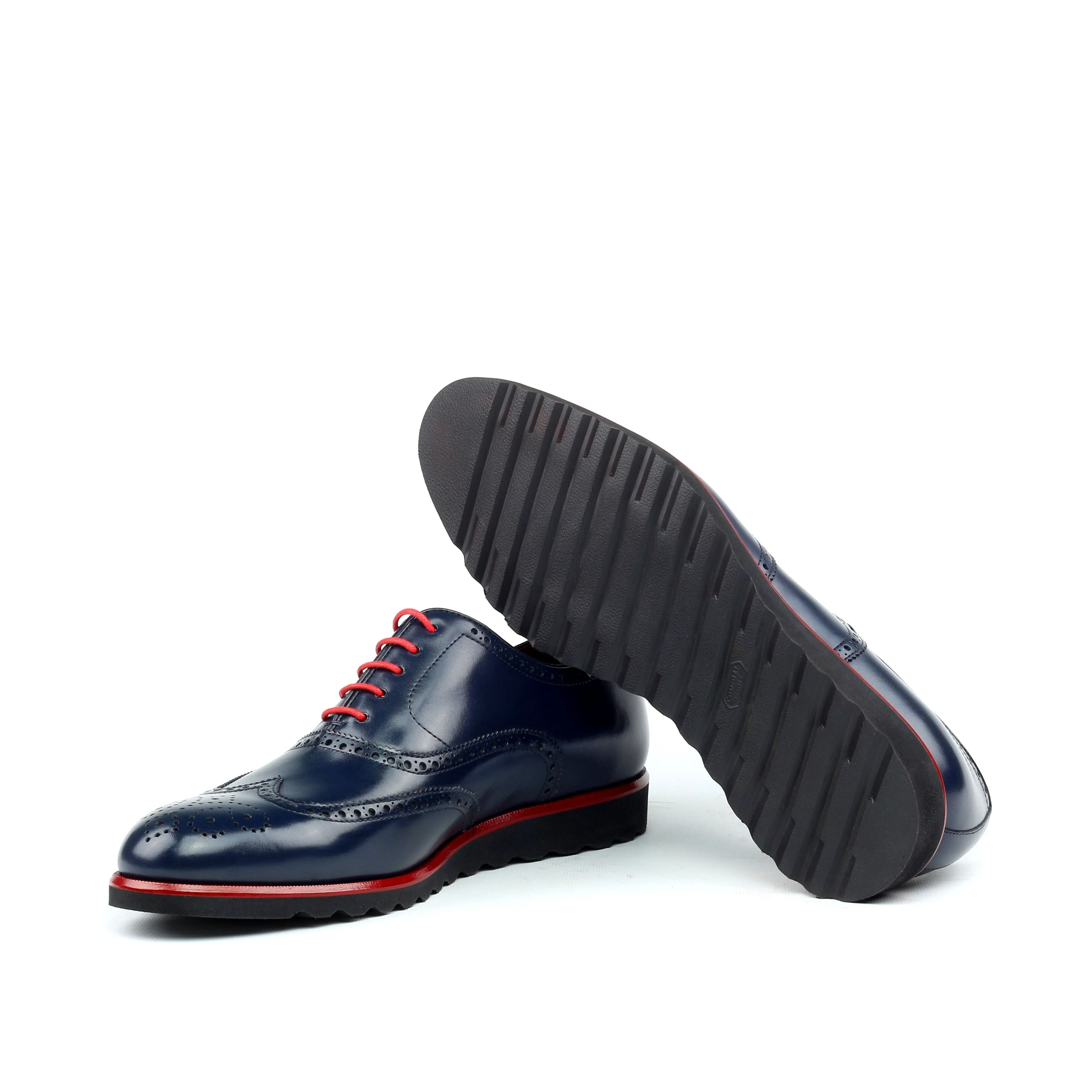 Unique Handcrafted Pebble Grain Navy Wingtip Oxford w/ Full Brogue Wedge Sole