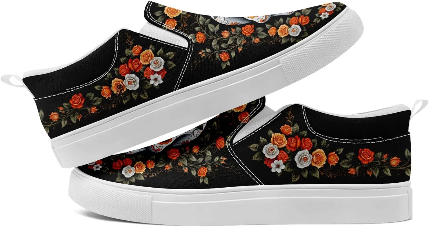 Unisex Skull Slip on Shoes Canvas Sneakers Low Top Casual Shoes Comfortable Non Slip Loafers