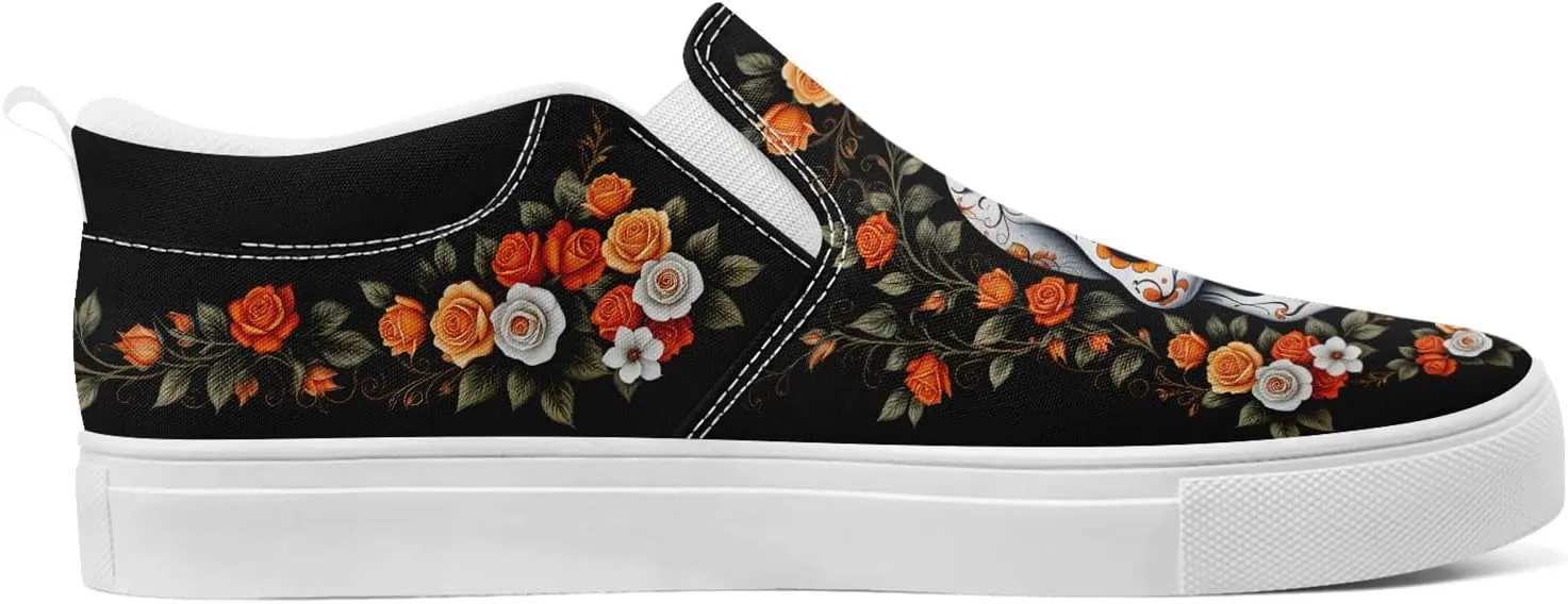 Unisex Skull Slip on Shoes Canvas Sneakers Low Top Casual Shoes Comfortable Non Slip Loafers