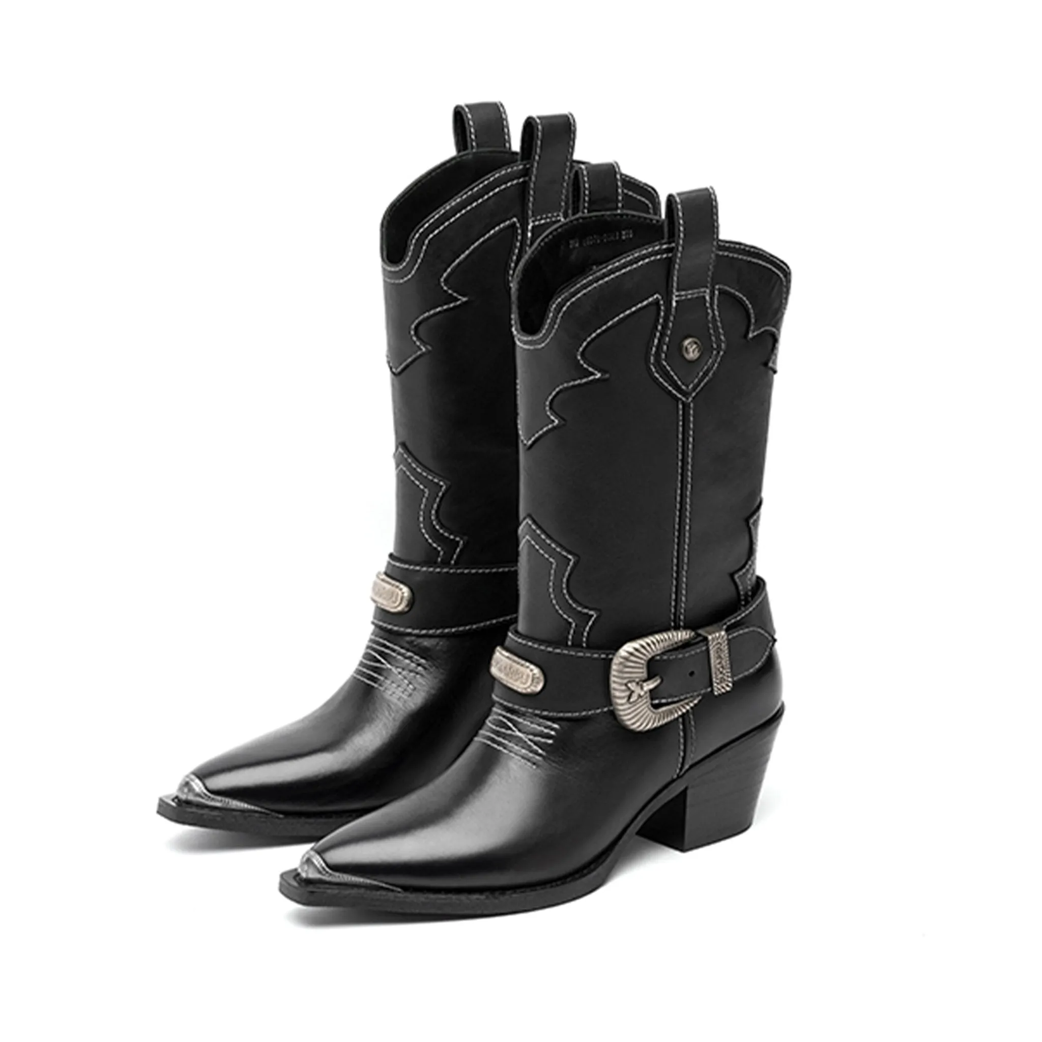 Vintage Leather Velvet Pointed Toe Cowboy Boots Black