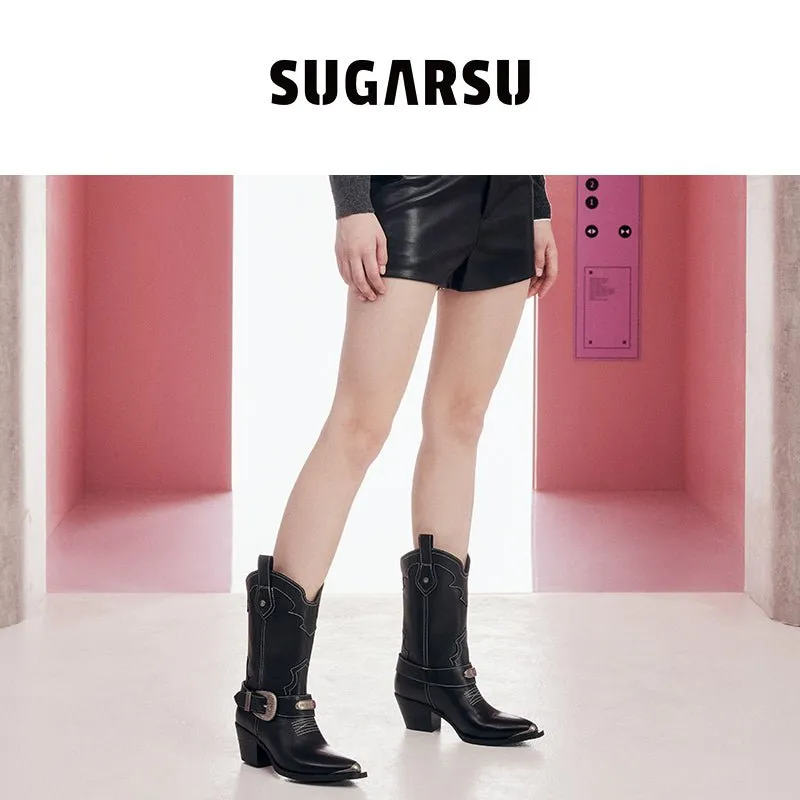 Vintage Leather Velvet Pointed Toe Cowboy Boots Black