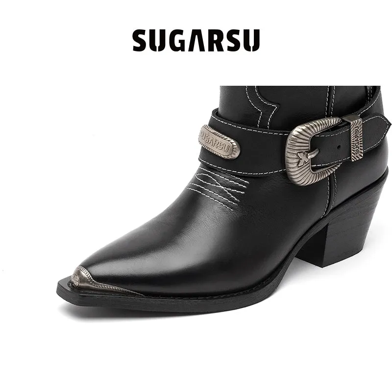 Vintage Leather Velvet Pointed Toe Cowboy Boots Black