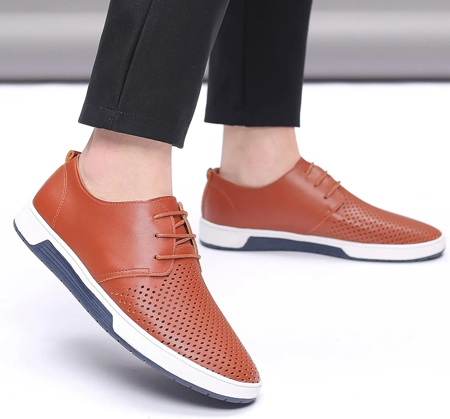 Wide Casual Business Shoes for Men Summer Style Men's Breathable Comfortable Business Lace Up Leisure Hollow Solid Leather Shoes Men Size 14 Black Slip Ons Dress Shoes