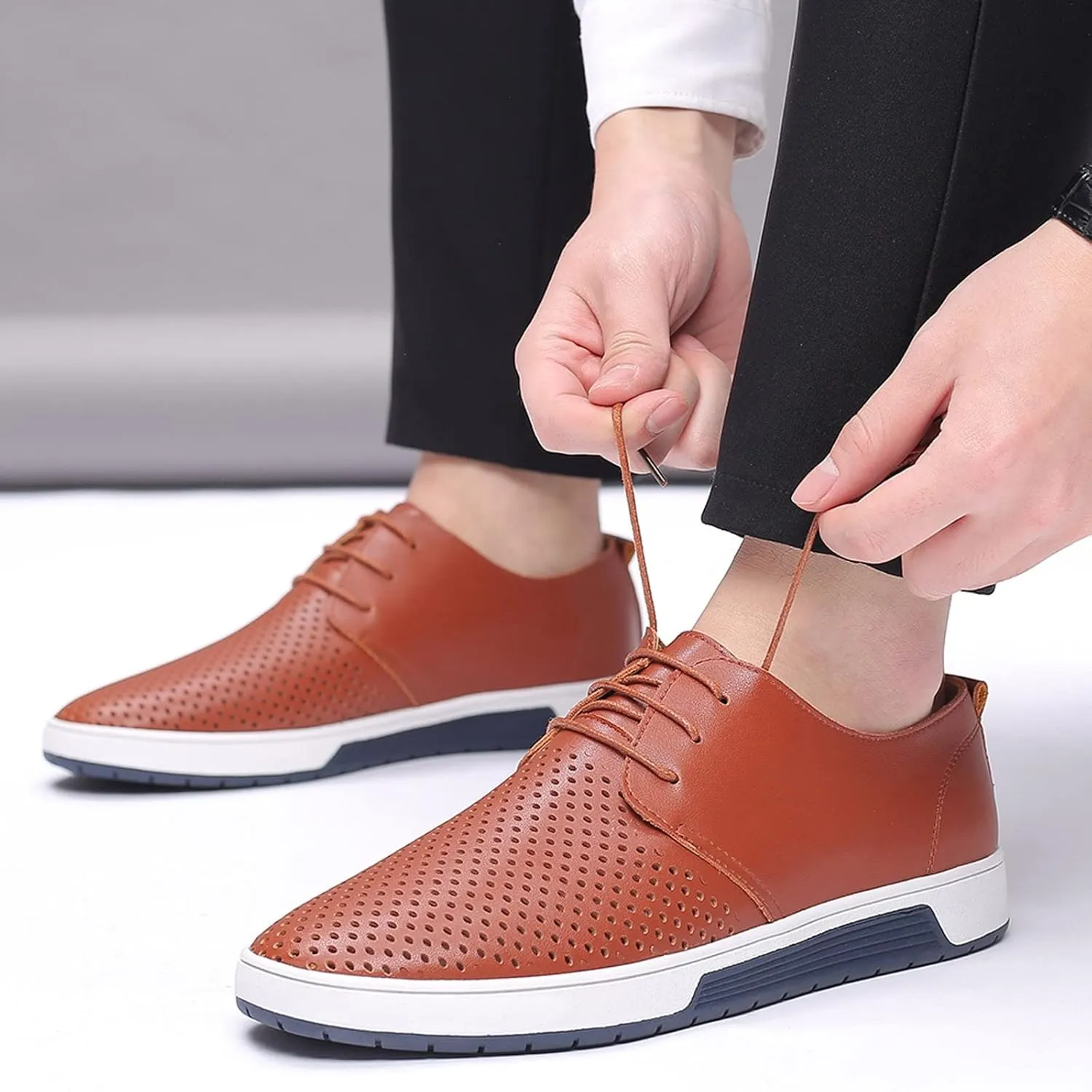 Wide Casual Business Shoes for Men Summer Style Men's Breathable Comfortable Business Lace Up Leisure Hollow Solid Leather Shoes Men Size 14 Black Slip Ons Dress Shoes