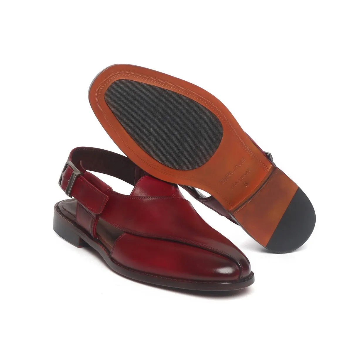 Wine Cross Strap Peshawari Sandals for Men in Genuine Leather