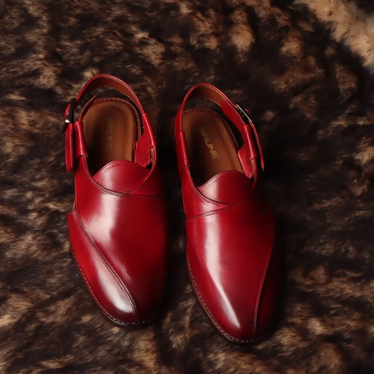 Wine Cross Strap Peshawari Sandals for Men in Genuine Leather