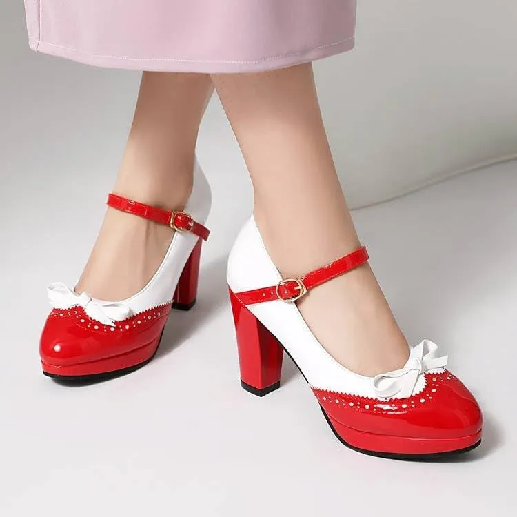 Women Brogue Mary Jane Pumps Glossy Patent Chunky High Heels with Color Block