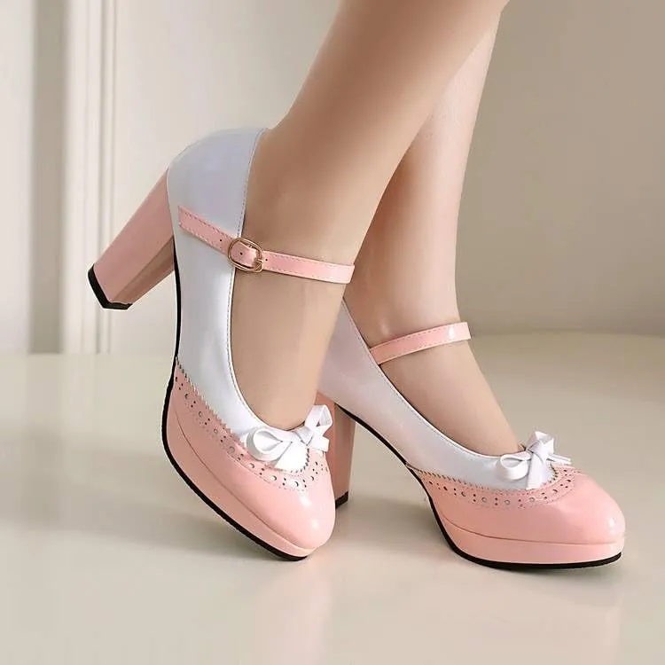 Women Brogue Mary Jane Pumps Glossy Patent Chunky High Heels with Color Block